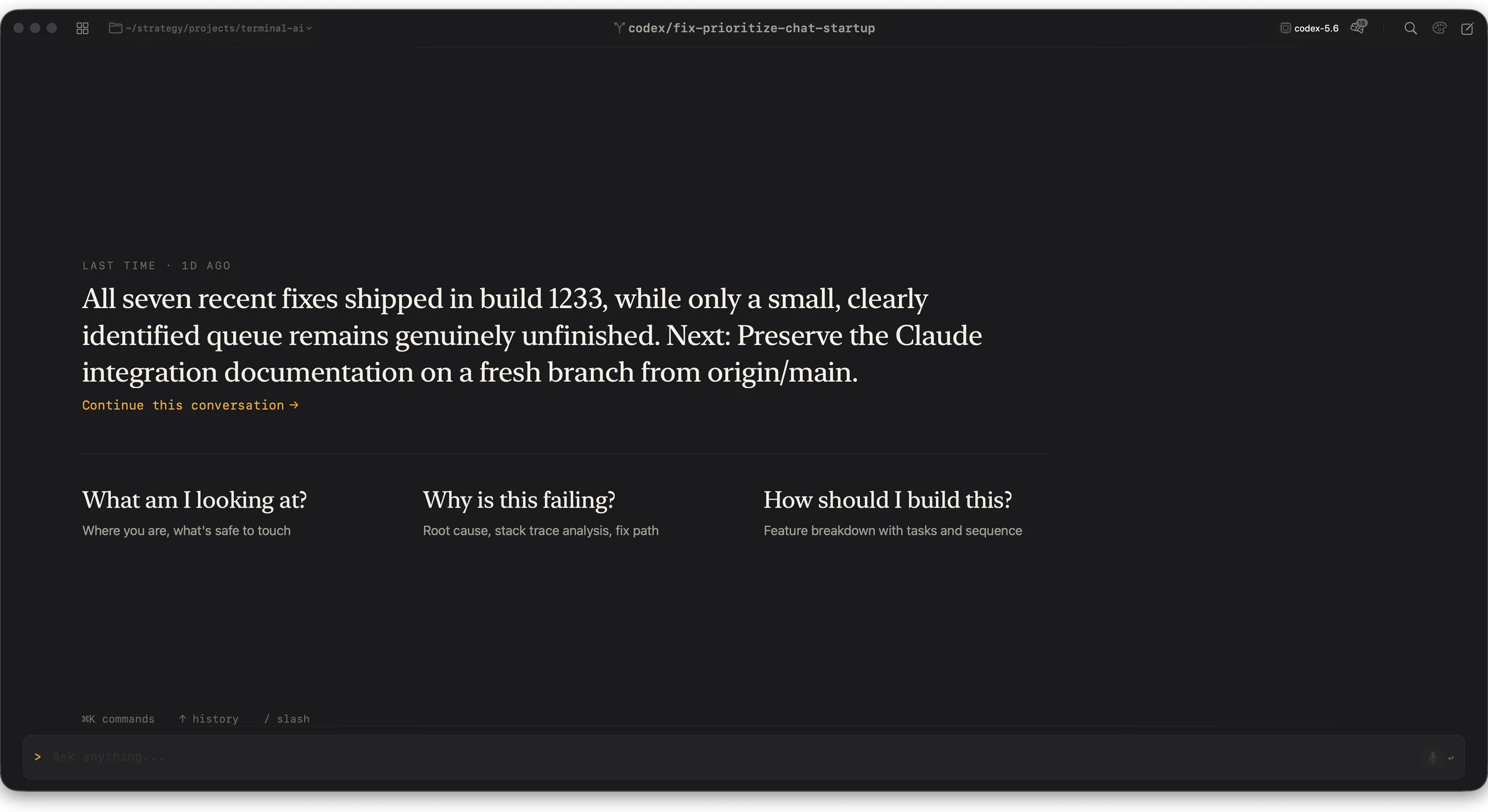 TerminalAI restoring a project with a summary of shipped work, remaining tasks, and a clear next move.