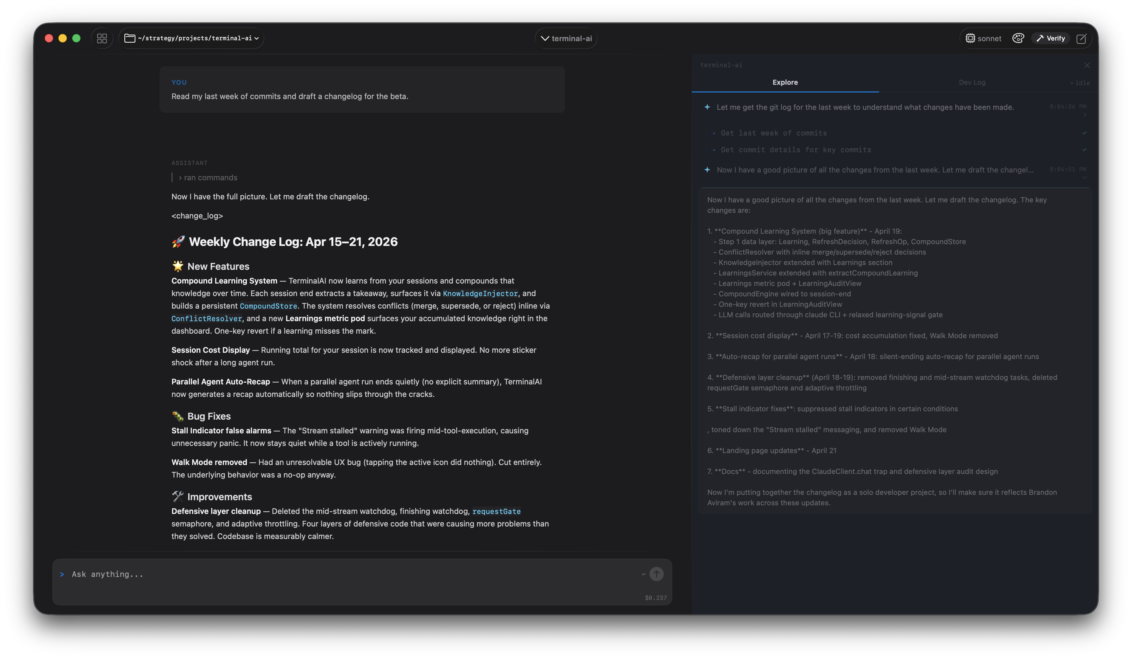 TerminalAI — changelog being generated with Explore panel open